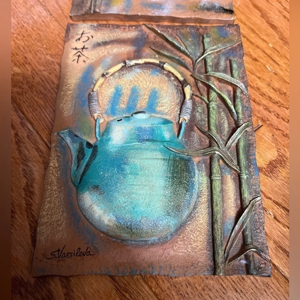 2 Vintage Silvia Vassileva Art Wall Plaque Tiles 1980's Tea Pots 4 7/8